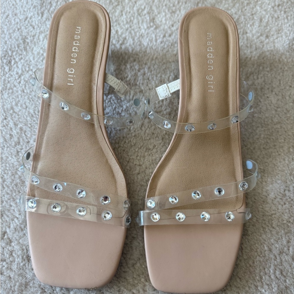 Madden Girl Women's neutral tan Heels with Gem embellishment acrylic clear heels